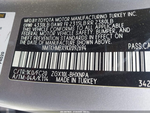 Auction sale of the 2019 Toyota C-hr Le, vin: NMTKHMBX9KR092694, lot number: 45679625