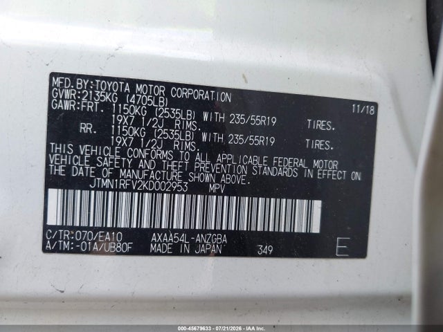 2019 Toyota Rav4 Limited მანქანა იყიდება აუქციონზე, vin: JTMN1RFV2KD002953, აუქციონის ნომერი: 45679633
