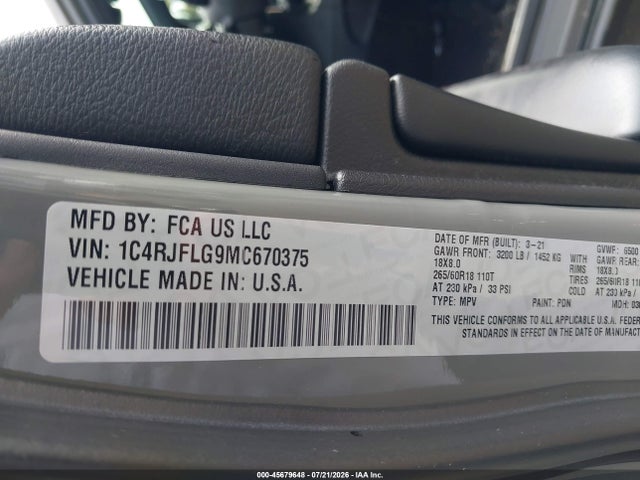 Aukcja sprzedaży 2021 Jeep Grand Cherokee Trailhawk 4x4, vin: 1C4RJFLG9MC670375, numer aukcji: 45679648
