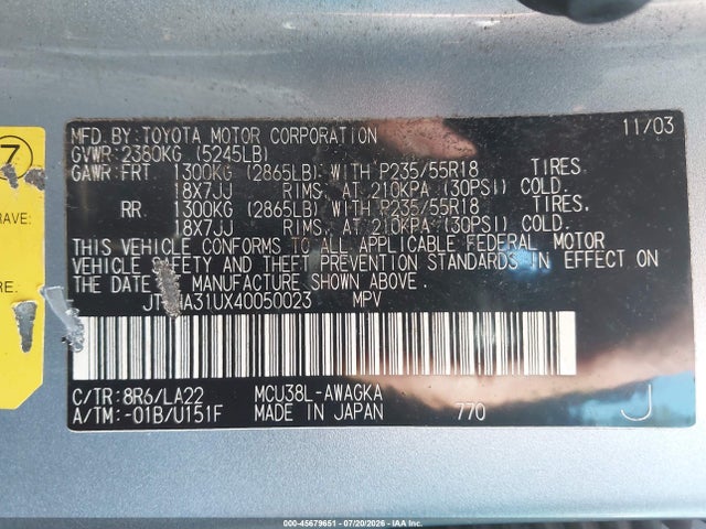 Aukcja sprzedaży 2004 Lexus Rx 330, vin: JTJHA31UX40050023, numer aukcji: 45679651