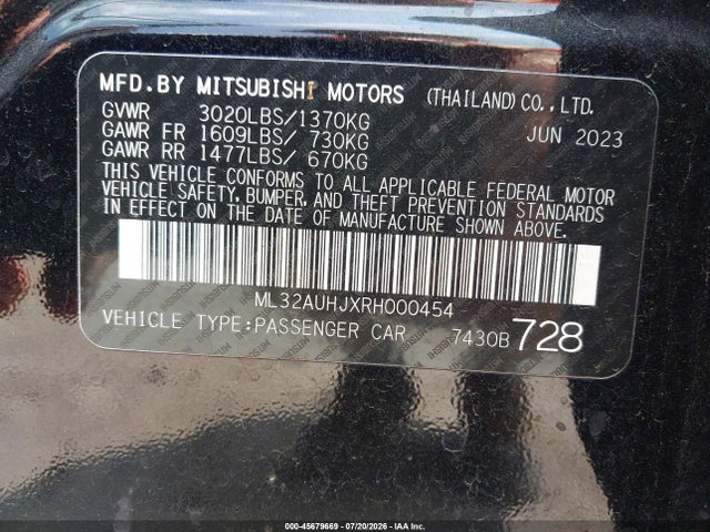 2024 Mitsubishi Mirage Es/le მანქანა იყიდება აუქციონზე, vin: ML32AUHJXRH000454, აუქციონის ნომერი: 45679669