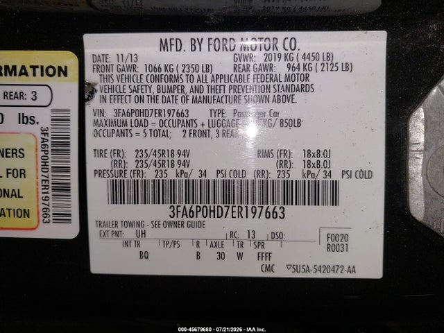 2014 Ford Fusion Se მანქანა იყიდება აუქციონზე, vin: 3FA6P0HD7ER197663, აუქციონის ნომერი: 45679680