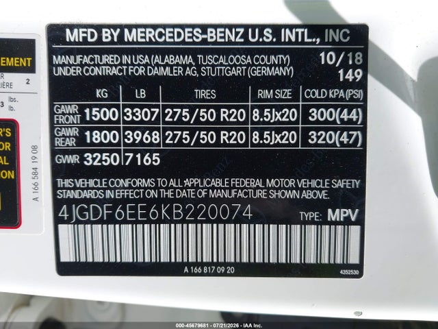 45679681 :رقم المزاد ، 4JGDF6EE6KB220074 vin ، 2019 Mercedes-benz Gls 450 4matic مزاد بيع