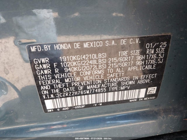 Продажа на аукционе авто 2025 Honda Hr-v Awd Ex-l, vin: 3CZRZ2H76SM774855, номер лота: 45679696