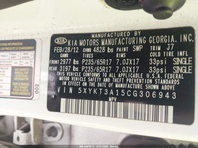 Продаж на аукціоні авто 2012 Kia Sorento Lx, vin: 5XYKT3A15CG306943, номер лоту: 45679713