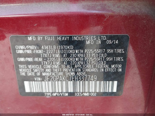Продажа на аукционе авто 2014 Subaru Xv Crosstrek 2.0i Limited, vin: JF2GPAKC7EH337749, номер лота: 45679720