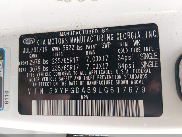 45679727 :رقم المزاد ، 5XYPGDA59LG617679 vin ، 2020 Kia Sorento 3.3l Lx مزاد بيع