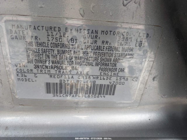 Продаж на аукціоні авто 2013 Nissan Versa 1.6 Sv, vin: 3N1CN7AP6DL850844, номер лоту: 45679754