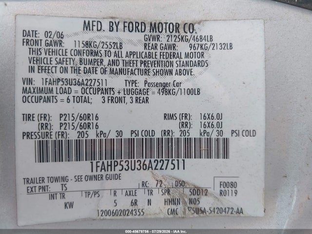 Продаж на аукціоні авто 2006 Ford Taurus Se, vin: 1FAHP53U36A227511, номер лоту: 45679756