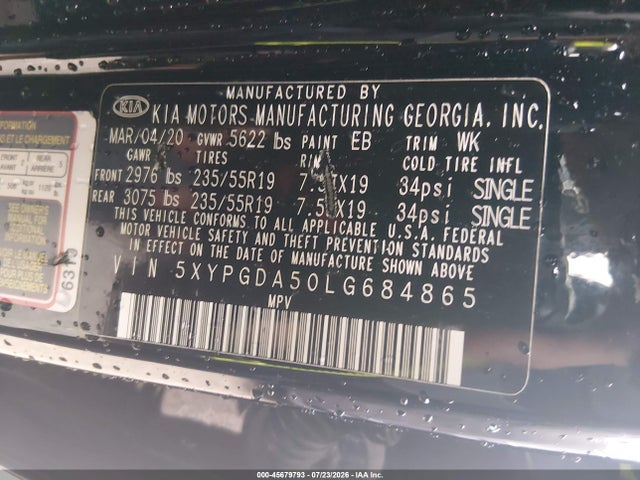 Продажа на аукционе авто 2020 Kia Sorento 3.3l S, vin: 5XYPGDA50LG684865, номер лота: 45679793