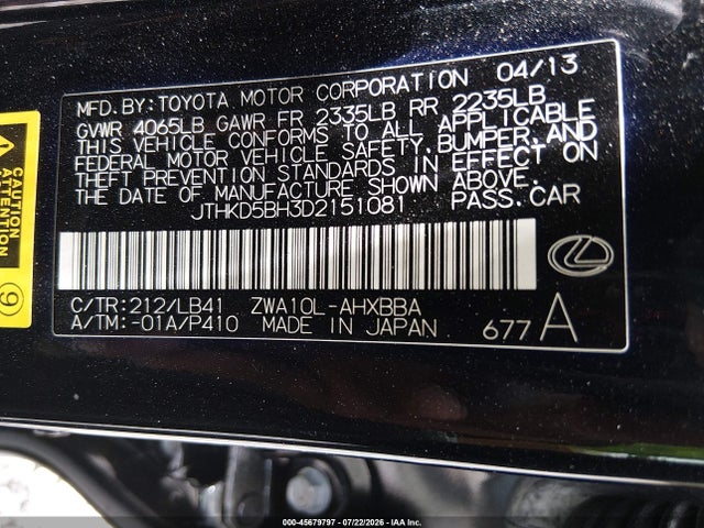 45679797 :رقم المزاد ، JTHKD5BH3D2151081 vin ، 2013 Lexus Ct 200h مزاد بيع
