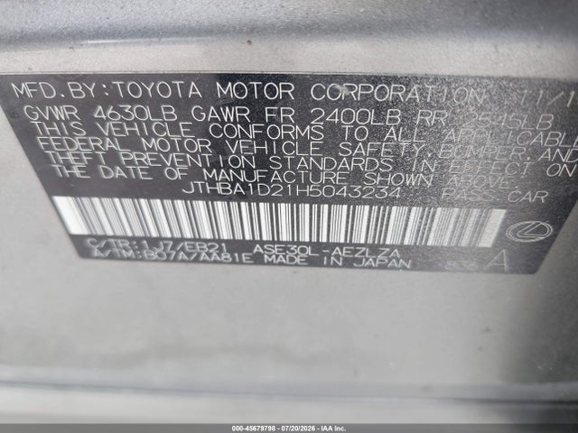 45679798 :رقم المزاد ، JTHBA1D21H5043234 vin ، 2017 Lexus Is 200t مزاد بيع