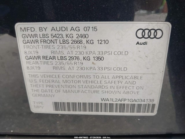 Продажа на аукционе авто 2016 Audi Q5 2.0t Premium, vin: WA1L2AFP1GA034139, номер лота: 45679802