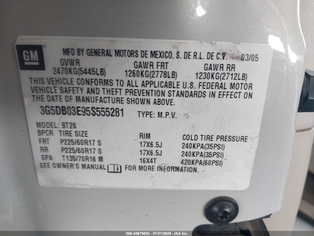 45679803 :رقم المزاد ، 3G5DB03E95S555281 vin ، 2005 Buick Rendezvous Cx مزاد بيع