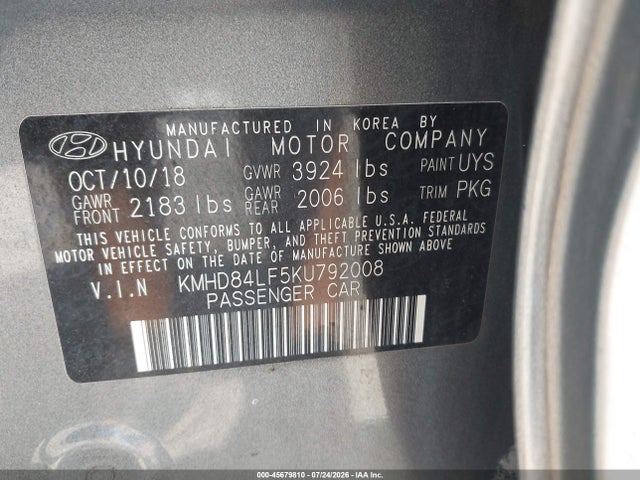 Aukcja sprzedaży 2019 Hyundai Elantra Sel, vin: KMHD84LF5KU792008, numer aukcji: 45679810
