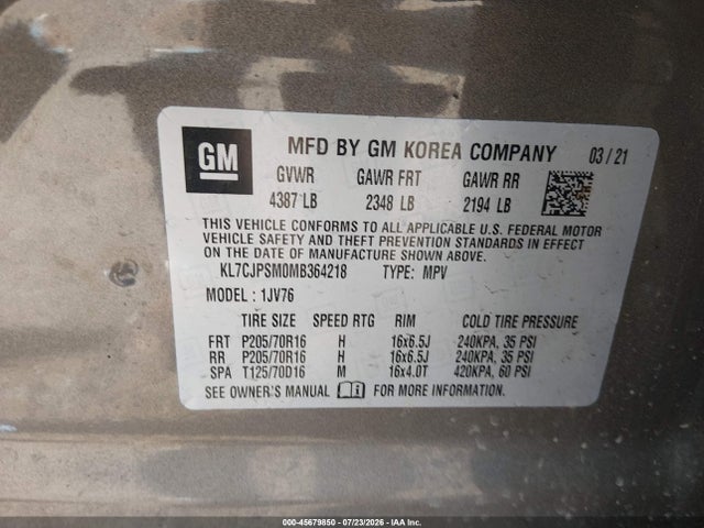 2021 Chevrolet Trax Awd Lt მანქანა იყიდება აუქციონზე, vin: KL7CJPSM0MB364218, აუქციონის ნომერი: 45679850