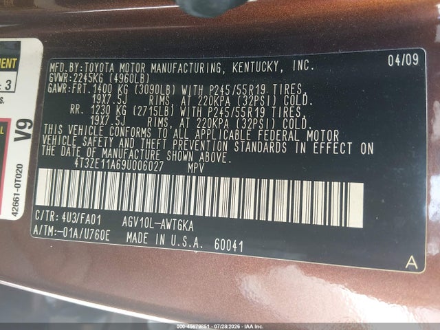 45679851 :رقم المزاد ، 4T3ZE11A69U006027 vin ، 2009 Toyota Venza مزاد بيع