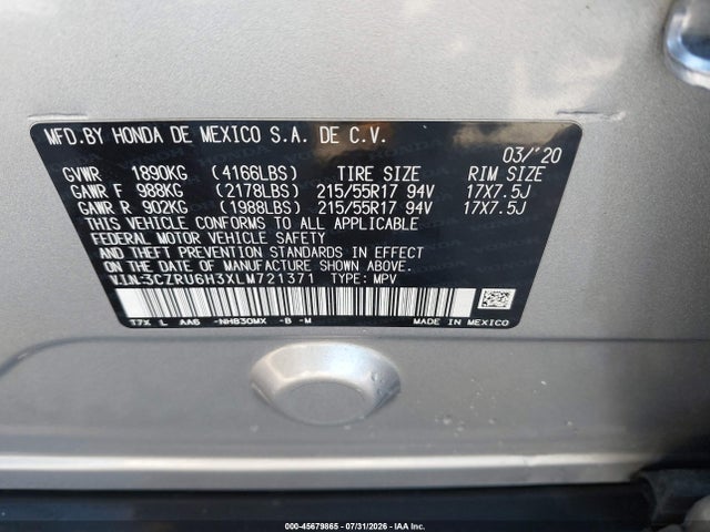 Продаж на аукціоні авто 2020 Honda Hr-v Awd Lx, vin: 3CZRU6H3XLM721371, номер лоту: 45679865