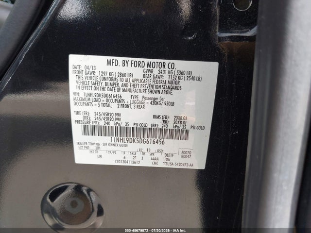 Aukcja sprzedaży 2013 Lincoln Mks, vin: 1LNHL9DK5DG616456, numer aukcji: 45679872