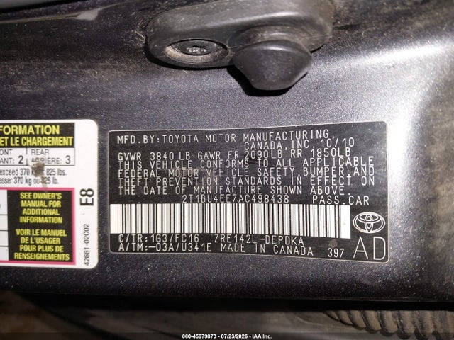 Продаж на аукціоні авто 2010 Toyota Corolla Le, vin: 2T1BU4EE7AC498438, номер лоту: 45679873