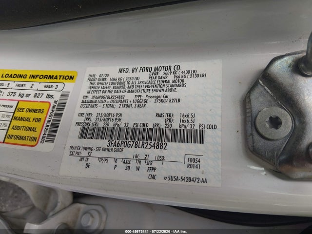 Продажа на аукционе авто 2020 Ford Fusion S, vin: 3FA6P0G78LR254882, номер лота: 45679881