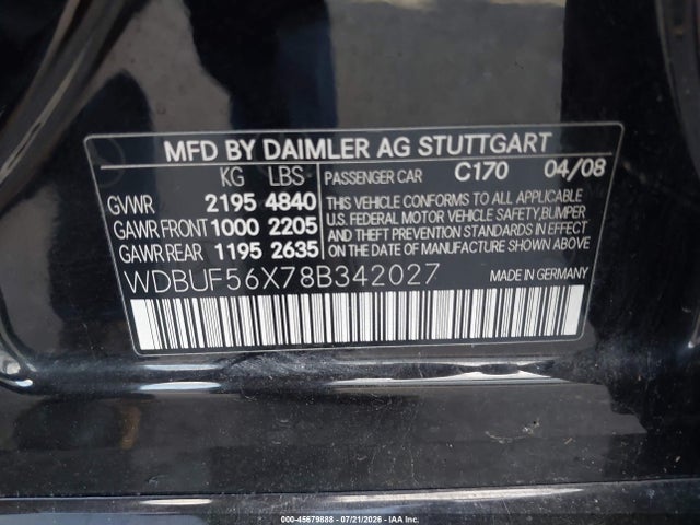 45679888 :رقم المزاد ، WDBUF56X78B342027 vin ، 2008 Mercedes-benz E 350 مزاد بيع