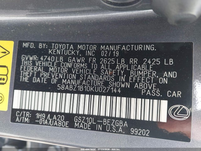 Продаж на аукціоні авто 2019 Lexus Es 350, vin: 58ABZ1B10KU027144, номер лоту: 45679890