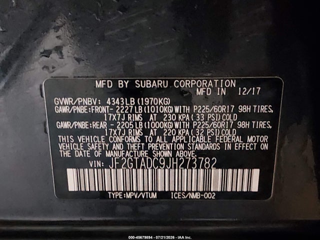 Продажа на аукционе авто 2018 Subaru Crosstrek 2.0i Premium, vin: JF2GTADC9JH273782, номер лота: 45679894