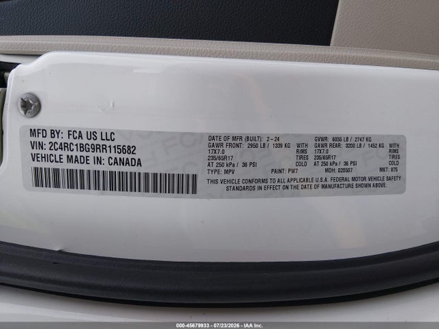 Auction sale of the 2024 Chrysler Pacifica Touring L, vin: 2C4RC1BG9RR115682, lot number: 45679933