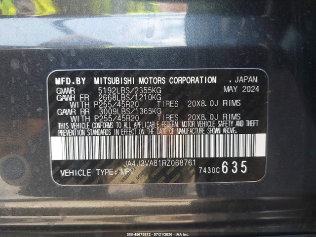 2024 Mitsubishi Outlander Se 2.5 2wd/se Black Edition S-awc/se Black Edition W/pano Roof S-awc მანქანა იყიდება აუქციონზე, vin: JA4J3VA81RZ068761, აუქციონის ნომერი: 45679972