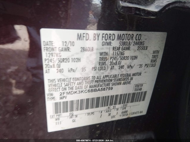 Aukcja sprzedaży 2011 Ford Edge Limited, vin: 2FMDK3KC6BBA58759, numer aukcji: 45679974