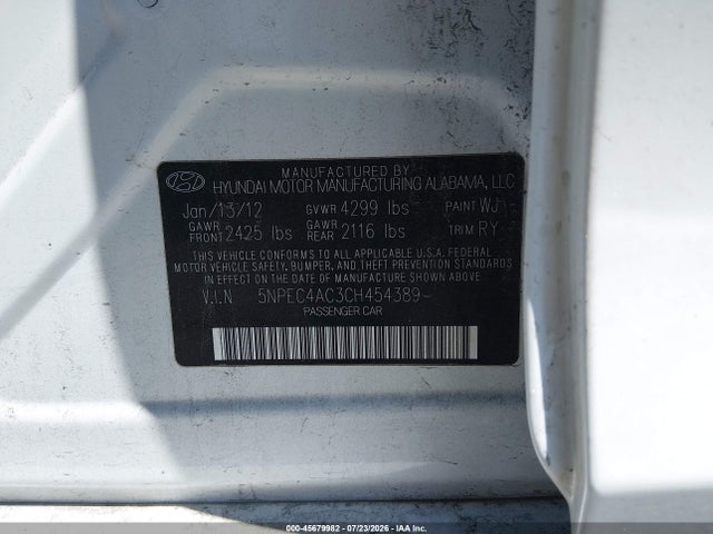 Продажа на аукционе авто 2012 Hyundai Sonata Limited, vin: 5NPEC4AC3CH454389, номер лота: 45679982