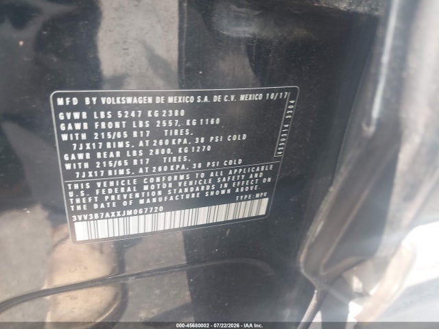 2018 Volkswagen Tiguan 2.0t Se/2.0t Sel მანქანა იყიდება აუქციონზე, vin: 3VV3B7AXXJM067720, აუქციონის ნომერი: 45680002