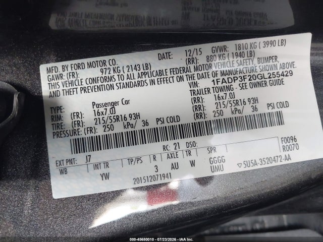 Auction sale of the 2016 Ford Focus Se, vin: 1FADP3F20GL255429, lot number: 45680010
