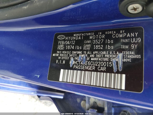 Продажа на аукционе авто 2012 Hyundai Accent Gls, vin: KMHCT4AE6CU220015, номер лота: 45680016