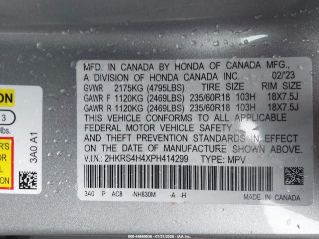 2023 Honda Cr-v Ex Awd მანქანა იყიდება აუქციონზე, vin: 2HKRS4H4XPH414299, აუქციონის ნომერი: 45680036