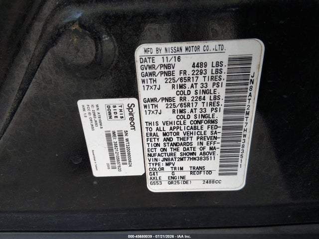 Aukcja sprzedaży 2017 Nissan Rogue S, vin: JN8AT2MT7HW383511, numer aukcji: 45680039