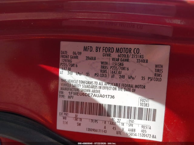 45680040 :رقم المزاد ، 1FMEU6DE7AUA01736 vin ، 2010 Ford Explorer Xlt مزاد بيع