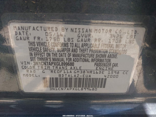 Продажа на аукционе авто 2016 Nissan Versa 1.6 S+, vin: 3N1CN7APXGL899680, номер лота: 45680044