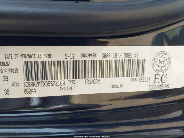 45680066 :رقم المزاد ، 1C6RR7MTXDS672160 vin ، 2013 Ram 1500 Sport مزاد بيع