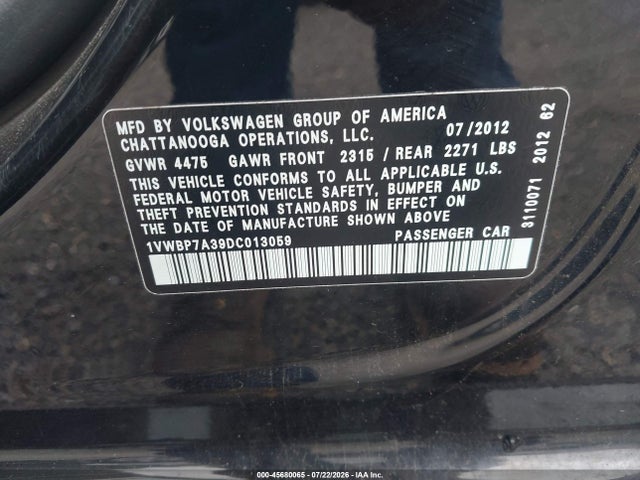 Aukcja sprzedaży 2013 Volkswagen Passat 2.5l Se, vin: 1VWBP7A39DC013059, numer aukcji: 45680065