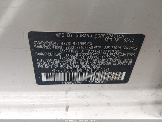 Aukcja sprzedaży 2021 Subaru Crosstrek Limited, vin: JF2GTHNC1M8320010, numer aukcji: 45680072