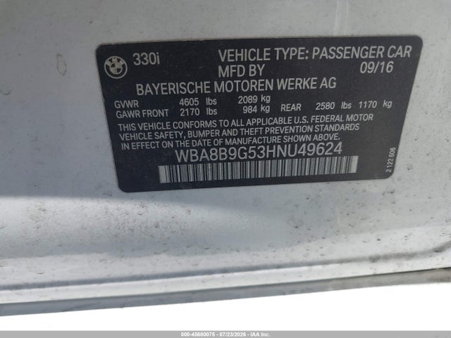 Продажа на аукционе авто 2017 Bmw 3 Series 330i, vin: WBA8B9G53HNU49624, номер лота: 45680075