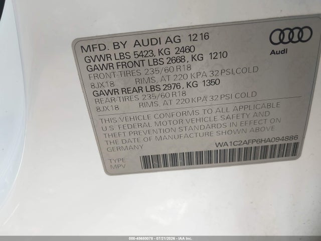 Продаж на аукціоні авто 2017 Audi Q5 2.0t Premium, vin: WA1C2AFP6HA094886, номер лоту: 45680078