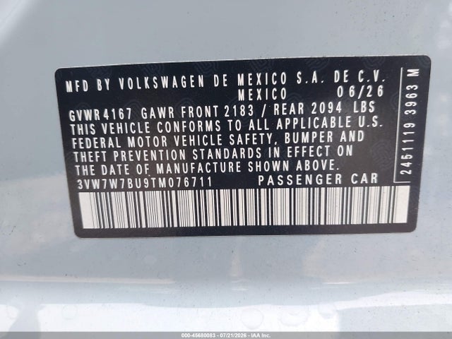 2026 Volkswagen Jetta Se მანქანა იყიდება აუქციონზე, vin: 3VW7W7BU9TM076711, აუქციონის ნომერი: 45680083