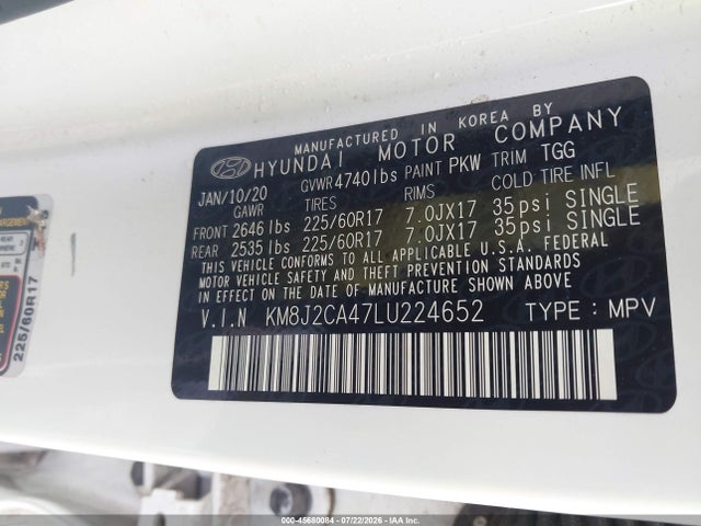 45680084 :رقم المزاد ، KM8J2CA47LU224652 vin ، 2020 Hyundai Tucson Se مزاد بيع