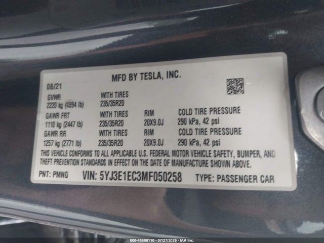 Tesla Model 3 Performance Dual Motor All-wheel Drive 2021 5YJ3E1EC3MF050258 Image 9