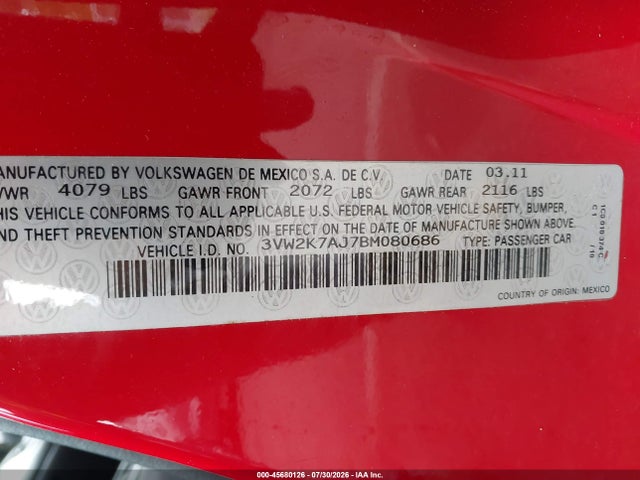 45680126 :رقم المزاد ، 3VW2K7AJ7BM080686 vin ، 2011 Volkswagen Jetta 2.0l S مزاد بيع