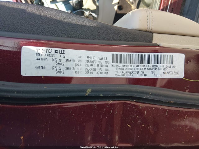Aukcja sprzedaży 2016 Dodge Durango Sxt, vin: 1C4RDHAG9GC412724, numer aukcji: 45680130
