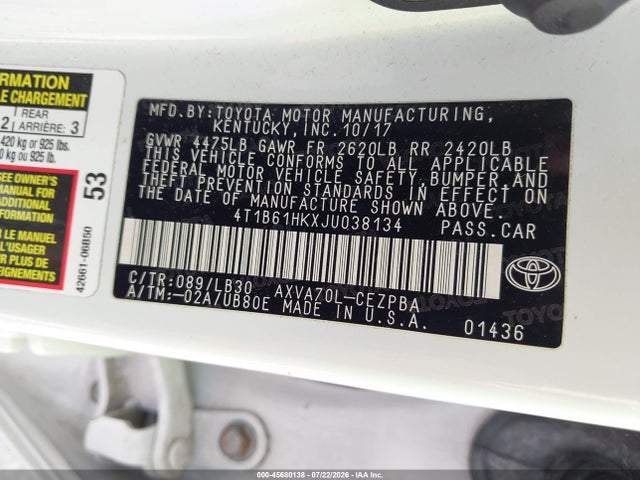 Aukcja sprzedaży 2018 Toyota Camry Xse, vin: 4T1B61HKXJU038134, numer aukcji: 45680138